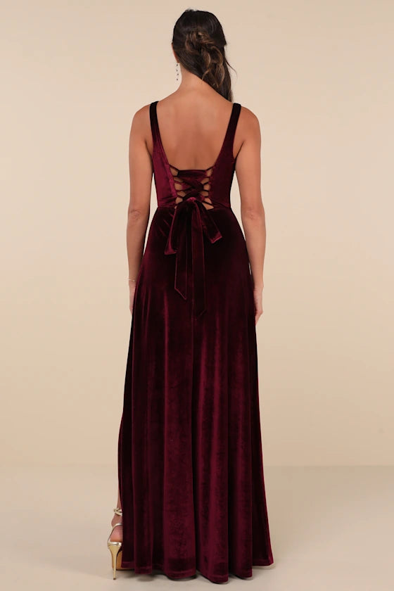 Weitese Formal Women's Dresses Graceful Dark Plum Velvet Square Neck Lace-Up Slit Maxi Dress Prom Dress Stores